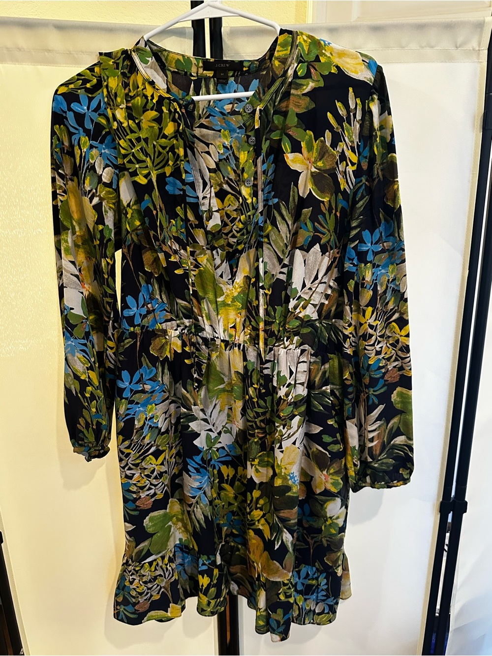 J. Crew Black Long Sleeve Floral Print Dress with Green & Blue Accents